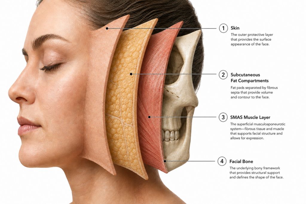 Cross-sectional diagram of a face showing skin, fat, SMAS muscle, and facial bone layers.