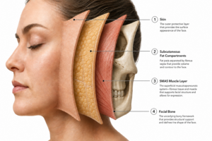 Cross-sectional diagram of a face showing skin, fat, SMAS muscle, and facial bone layers.