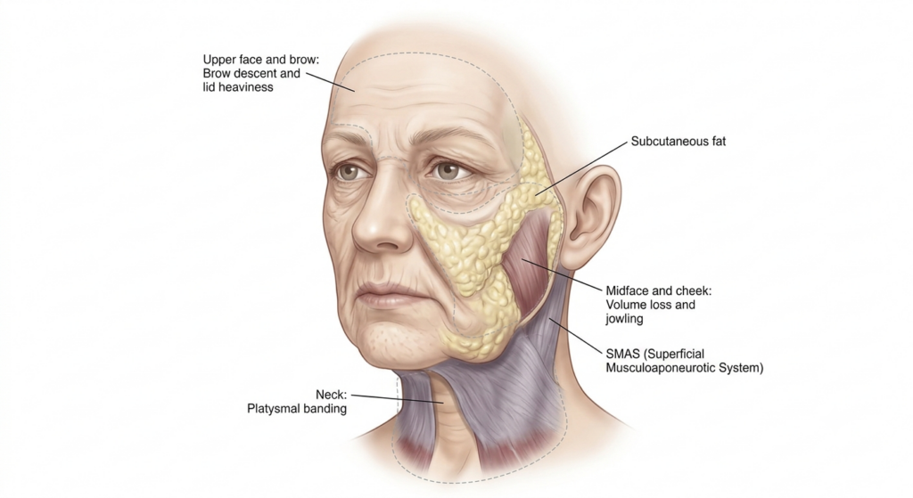 Illustration of facial aging showing loss of soft tissue support, volume loss, and descent of skin and fat over time.