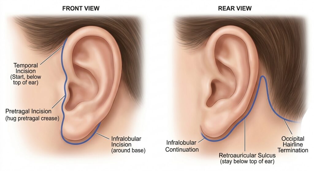 Gemini_Generated_ear incisions | Plastic Surgery Austin Diagram showing front and rear views of facelift incision placement around the ear and hairline