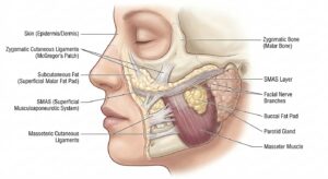 Anatomical diagram of facial layers showing skin, fat pads, SMAS, ligaments, nerves, and masseter muscle in side profile